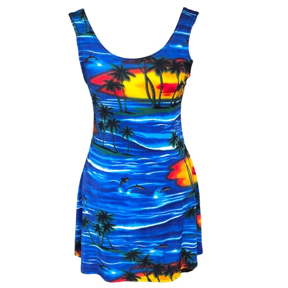 Womens Vintage Y2K Size Large Sleeveless Mesh Summer Tropical Print Mini Dress - Picture 5 of 11